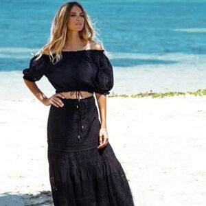 Melissa Obadash Francesca Eyelet Black Off Shoulder Cropped Top - Black